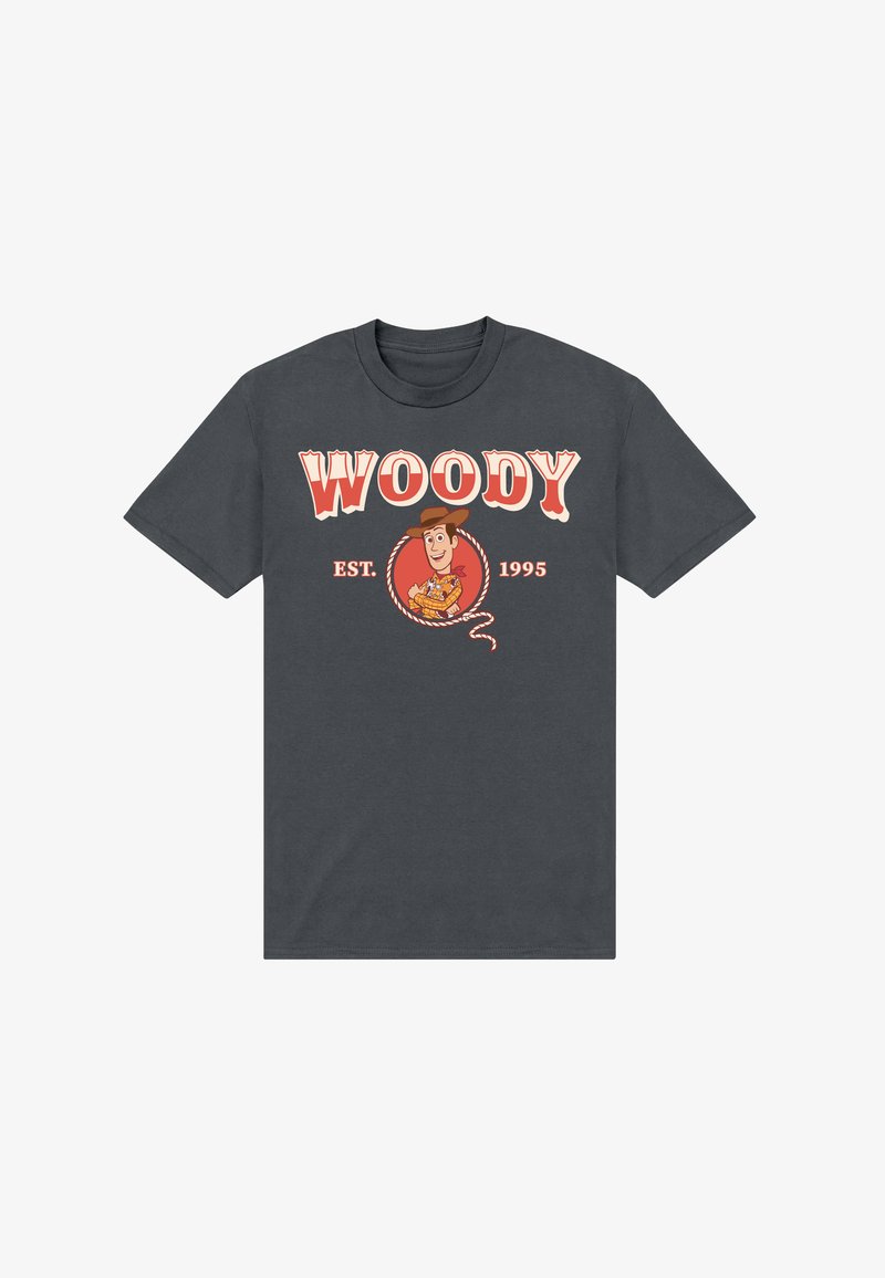 Dark gray T-shirt with cartoon cowboy character inside a rope circle, text "WOODY" above and "EST. 1995" on either side.