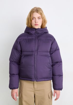 Purple puffer jacket with a hood, featuring a front zipper and two side pockets. Smooth, padded texture with a subtle logo detail.