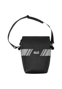 Sac messager noir avec bandoulière réglable. Caractéristiques de bandes réfléchissantes et d'un logo de marque. Fabriqué en matériau durable avec une forme structurée.