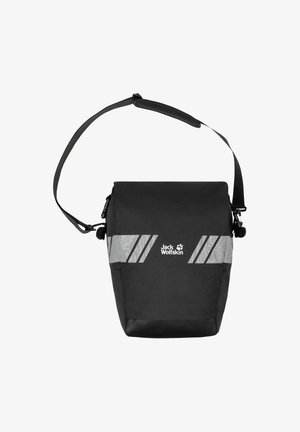 Sac messager noir avec bandoulière réglable. Caractéristiques de bandes réfléchissantes et d'un logo de marque. Fabriqué en matériau durable avec une forme structurée.