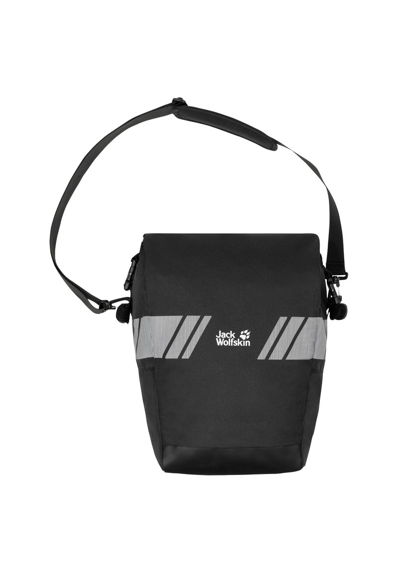 Sac messager noir avec bandoulière réglable. Caractéristiques de bandes réfléchissantes et d'un logo de marque. Fabriqué en matériau durable avec une forme structurée.