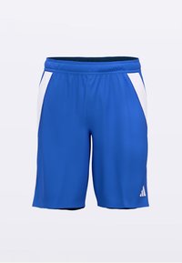 Modre atletske kratke hlače iz lahkega blaga s srebrnimi stranskimi poudarki in elastičnim pasom za udobje. Na spodnjem robu je logotip Adidas.