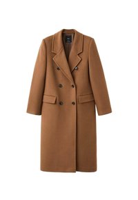 Abrigo de mezcla de lana marrón con un cierre de doble botonadura, solapas de pico y dos bolsillos laterales. Presenta botones negros y un diseño hasta la rodilla.