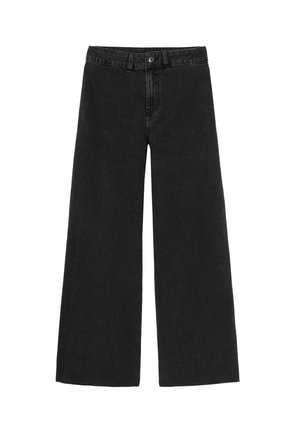 Jean denim noir à jambes larges, taille haute, fermeture à boutons, passants pour ceinture et coutures apparentes.