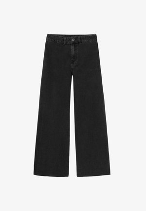 Jean denim noir à jambes larges, taille haute, fermeture à boutons, passants pour ceinture et coutures apparentes.