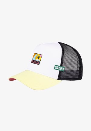 Cappellino da autista con parte anteriore bianca, lati in rete nera e visiera gialla. Presenta una grafica colorata ricamata e un logo "coastal" verde.