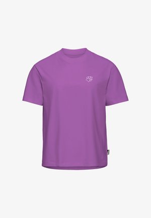 Paarse katoenen T-shirt met een ronde hals en korte mouwen. Voorzien van een klein wit pootafdruklogo op de linkerborst.