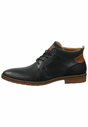 Schwarze Leder-Stiefeletten mit glatter Oberfläche, runder Zehenpartie, Schnürdesign, braunen Akzenten und einer strukturierten Seitenpartie. Gummisohle.