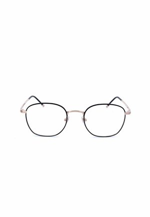 Occhiali con sottili montature in metallo, lenti quadrate leggermente arrotondate e bordi neri su sfondo bianco.