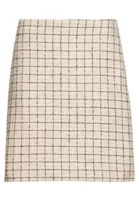 Mini gonna beige con una texture intrecciata e un motivo a griglia nera. Il design a taglio dritto conferisce un aspetto strutturato.