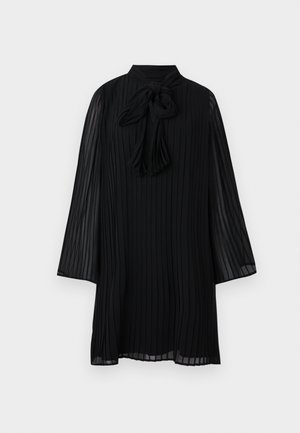 Black pleated dress with a high collar, featuring a tied bow detail at the neckline and long, flowing sleeves. Lightweight fabric.