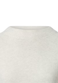Hellgrauer Strickpullover mit hohem Kragen und einem strukturierten, atmungsaktiven Stoff. Verfügt über ein einfaches und nahtloses Design ohne Verzierungen.