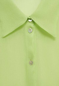 Camicia button-up verde chiaro con un tessuto testurizzato. Presenta un colletto a punta e tre bottoni rotondi, perlati, sul fronte.