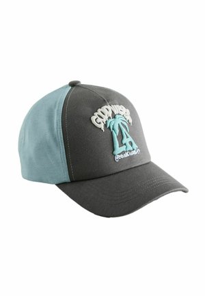 Casquette de baseball bicolore en gris et bleu clair avec texte en relief "COPYWEAR LA" et motif de palmier sur le panneau avant.