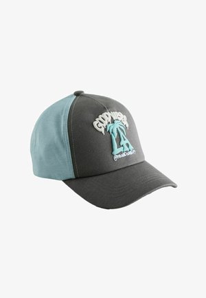 Dvojfarebná šiltovka v sivej a svetlomodrej farbe s vystupujúcim nápisom "COPYWEAR LA" a dizajnom palmového stromu na prednom paneli.