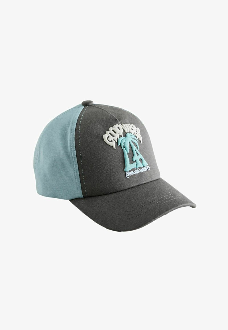 Dvivietis beisbolo kepuraitė pilkos ir šviesiai mėlynos spalvos su pakeltu „COPYWEAR LA“ užrašu ir palmės medžio dizainu priekinėje dalyje.