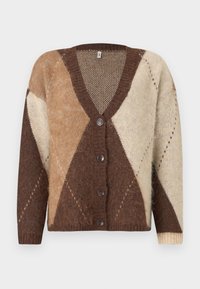 Knopf-Cardigan mit großen Rautenmuster in Brauntönen, Beige und Creme, mit V-Ausschnitt und langen Ärmeln.