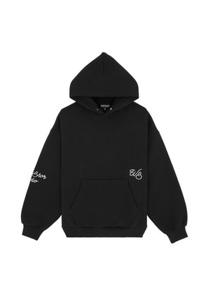 Hoodie noir oversize en mélange de coton, doté d'une poche kangourou, d'accents brodés et de poignets côtelés. Texture lisse sur l'ensemble.