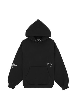 Zwarte oversized hoodie van een katoenmix, met een kangoeroezak, geborduurde accenten en geribbelde manchetten. Glad textuur overal.