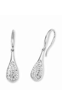 Silverfärgade hängande örhängen med en tårformad design, prydda med klara kristaller på ena sidan och en slät, polerad yta.