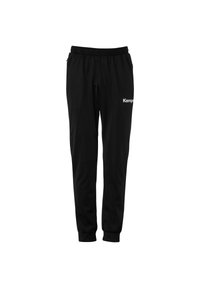 Zwarte joggingbroek van gladde stof, met een elastische tailleband, afgewerkte enkels en een klein wit logo aan de zijkant.
