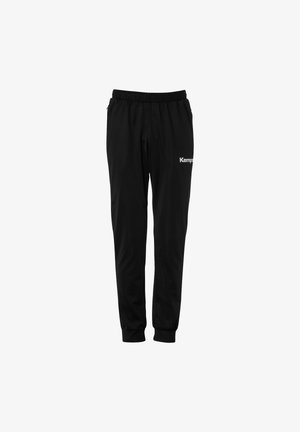 Black track pants made of smooth fabric, featuring an elastic waistband, cuffed ankles, and a small white logo on the side.