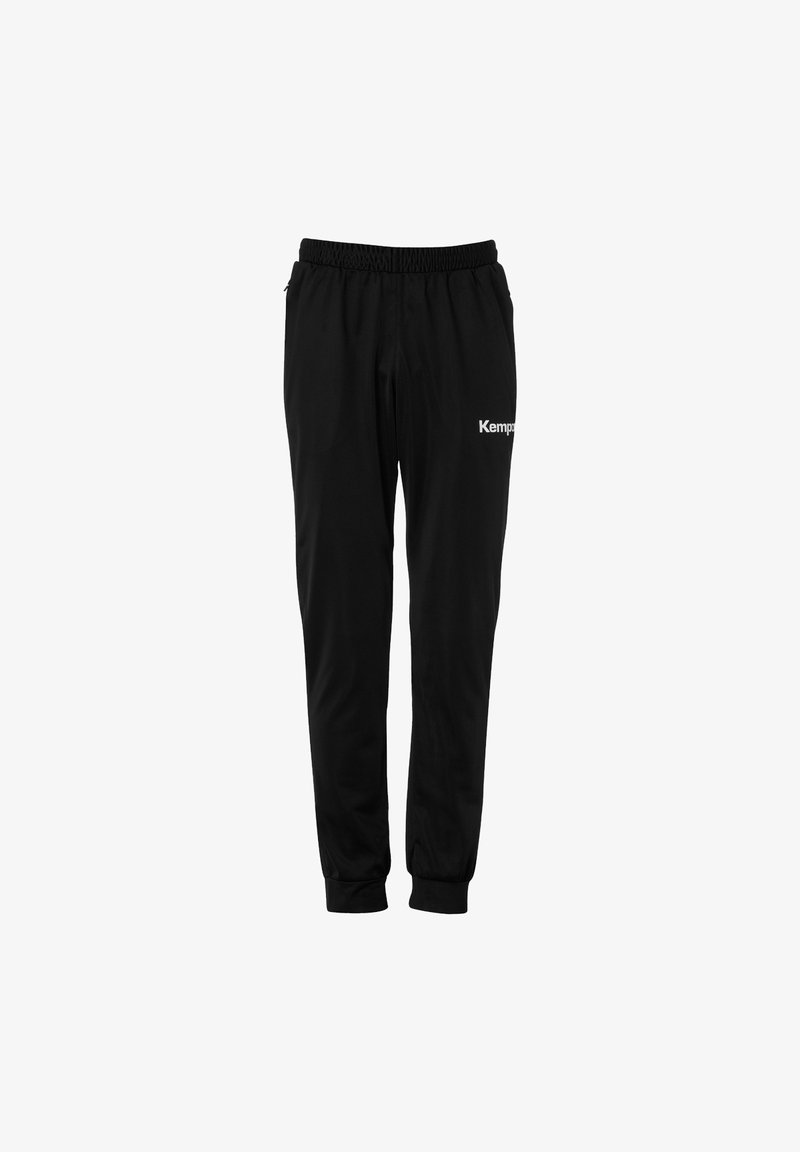 Zwarte joggingbroek van gladde stof, met een elastische tailleband, afgewerkte enkels en een klein wit logo aan de zijkant.