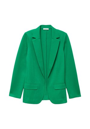 Green blazer made from smooth fabric with a tailored fit. Features a notched collar, two front pockets, and a single front closure.