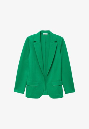 Grøn blazer lavet af glat stof med en skræddersyet pasform. Har en reverskrave, to forlommer og en enkelt lukning foran.