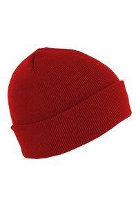 Red knitted beanie hat with a rolled cuff, made of a soft, textured fabric. Rounded top, seamless design. Rich red color throughout.