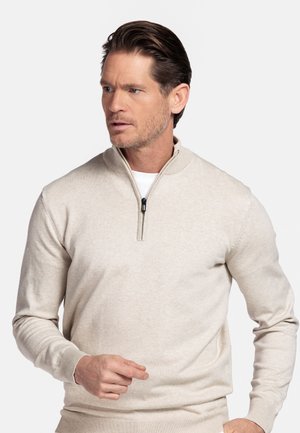 Man in beige trui met kwart rits kijkt zijwaarts met een neutrale uitdrukking, hand bij de taille tegen een effen lichte achtergrond.