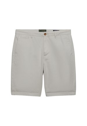 Shorts gris clair en tissu mélangé coton. Dotés d'une fermeture à boutons, de deux poches avant et d'une coupe droite et épurée.