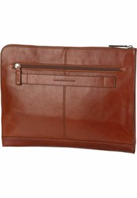 Brown leather zippered pouch with a front pocket, smooth texture, and embossed lettering reading "handcrafted since 1928."