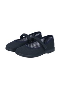 Zapatos Mary Jane de lona azul marino con punta redonda, correa elástica y forro de cuadros en contraste. Suela de goma plana, diseño sencillo, ligero.