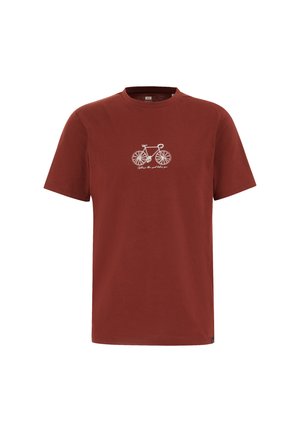 Crvena pamučna majica kratkih rukava s okruglim izrezom i bijelom grafikom bicikla sprijeda. Jednostavan dizajn, opušteni kroj.