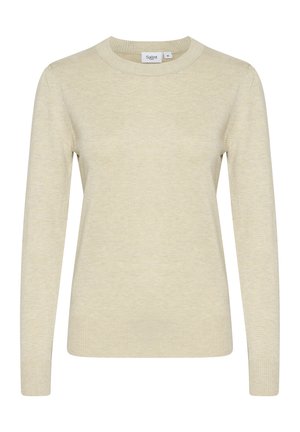 Cremefarbener Strickpullover mit langen Ärmeln, rundem Halsausschnitt und gerippten Bündchen. Glatte Textur mit subtilen Variationen im Stoff.
