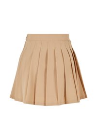 Bežs pleat mini svārki ar plašu jostu, izgatavoti no gludas auduma, attēloti uz balta fona.