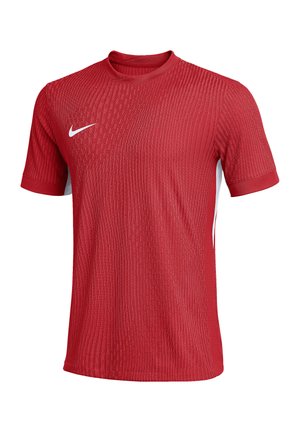 Rotes Nike-Sportshirt mit kurzen Ärmeln, dezentem vertikalem Strukturmuster und weißem Nike-Swoosh-Logo oben links auf der Brust.
