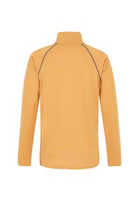 Langärmliger Pullover in leuchtendem Orange mit hohem Kragen. Verfügt über kontrastierende Nähte und eine weiche Textur.