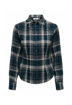 Chemise en flanelle à carreaux verts et beige avec manches longues, fermeture par boutons et col pointu. Texture douce avec une coupe régulière.