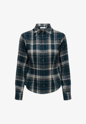 Camicia di flanella a quadri verde e beige con maniche lunghe, chiusura con bottoni e collo a punta. Tessuto morbido con design a vestibilità regolare.