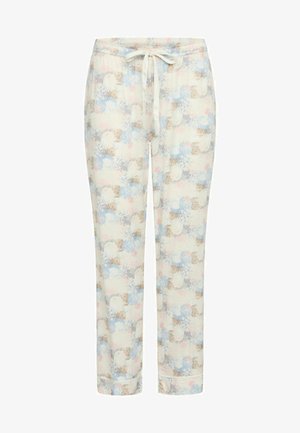 Gaismas, krēmbalti pidžamu bikses raksturo daudzkrāsains abstrakts prints zilos, rozā un brūnos toņos, ar elastīgu jostu un auklu.