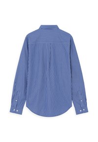 Blauw en wit gestreepte blouse met lange mouwen, een klassieke kraag, knoopmanchetten en een geboorde zoom. De stof heeft een gladde, gestructureerde afwerking.