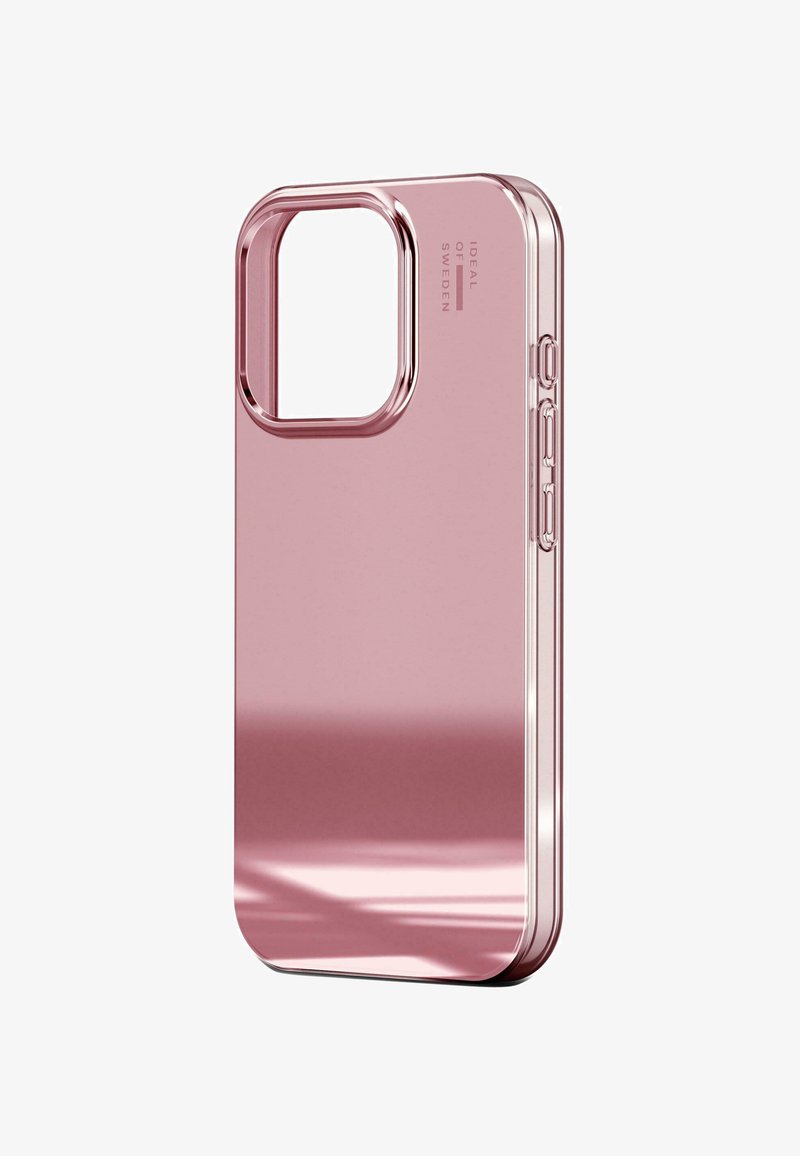 Roža zlata ovitek za telefon z sijočo površino, pravokotni izrez za kamero, zaobljeni robovi in stranske tipke za nastavljanje glasnosti.