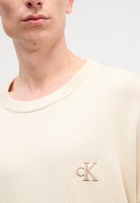 Μπεζ πλεκτό πουλόβερ με στρογγυλή λαιμόκοψη και ριμπ μανσέτες. Διαθέτει ένα μικρό κεντητό λογότυπο "cK" σε ανοιχτό καφέ χρώμα.