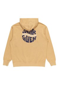 Hooded sweatshirt in a light tan color, featuring a circular navy graphic with the text "Quiksilver The Mountain & The Wave" on the back.