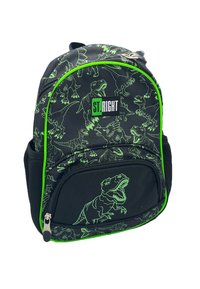 Schwarzer Rucksack mit grünem Dinosaurier-Muster, ausgestattet mit einer Fronttasche und neon-grünen Akzenten. Material ist ein Stoff mit glatter Textur.