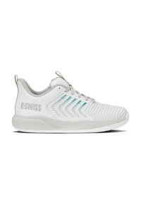 Λευκό αθλητικό παπούτσι K-Swiss με γκρι κορδόνια, επενδεδυμένο γιακά, τυρκουάζ και γκρι λωρίδες στο πλάι και μαλακή σόλα.