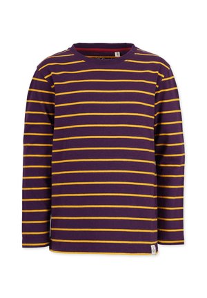 Long-sleeve purple t-shirt with horizontal yellow stripes, round neckline, and a small label at the bottom left hem. Soft cotton material.