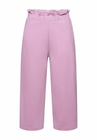 Pantalon court taille haute violet clair avec une ceinture froncée et volantée et une coupe droite à jambes larges.